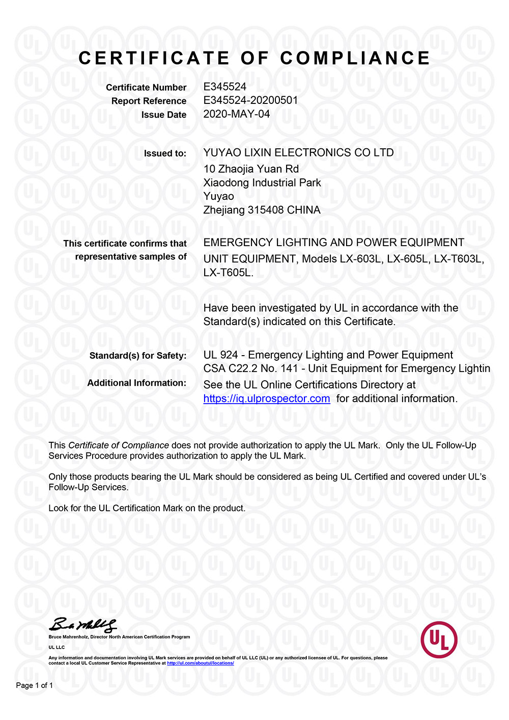 RECESSED EMERGENCY LIGHT UL CERTIFICATION 